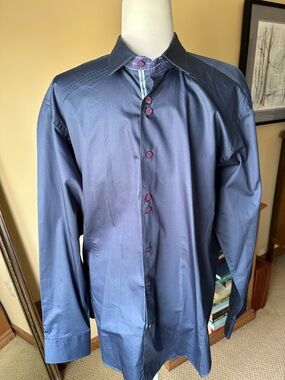 Stone Rose Red Rivet Blue Dress Shirt Large Plaid Trim L/S Button Down Luxury